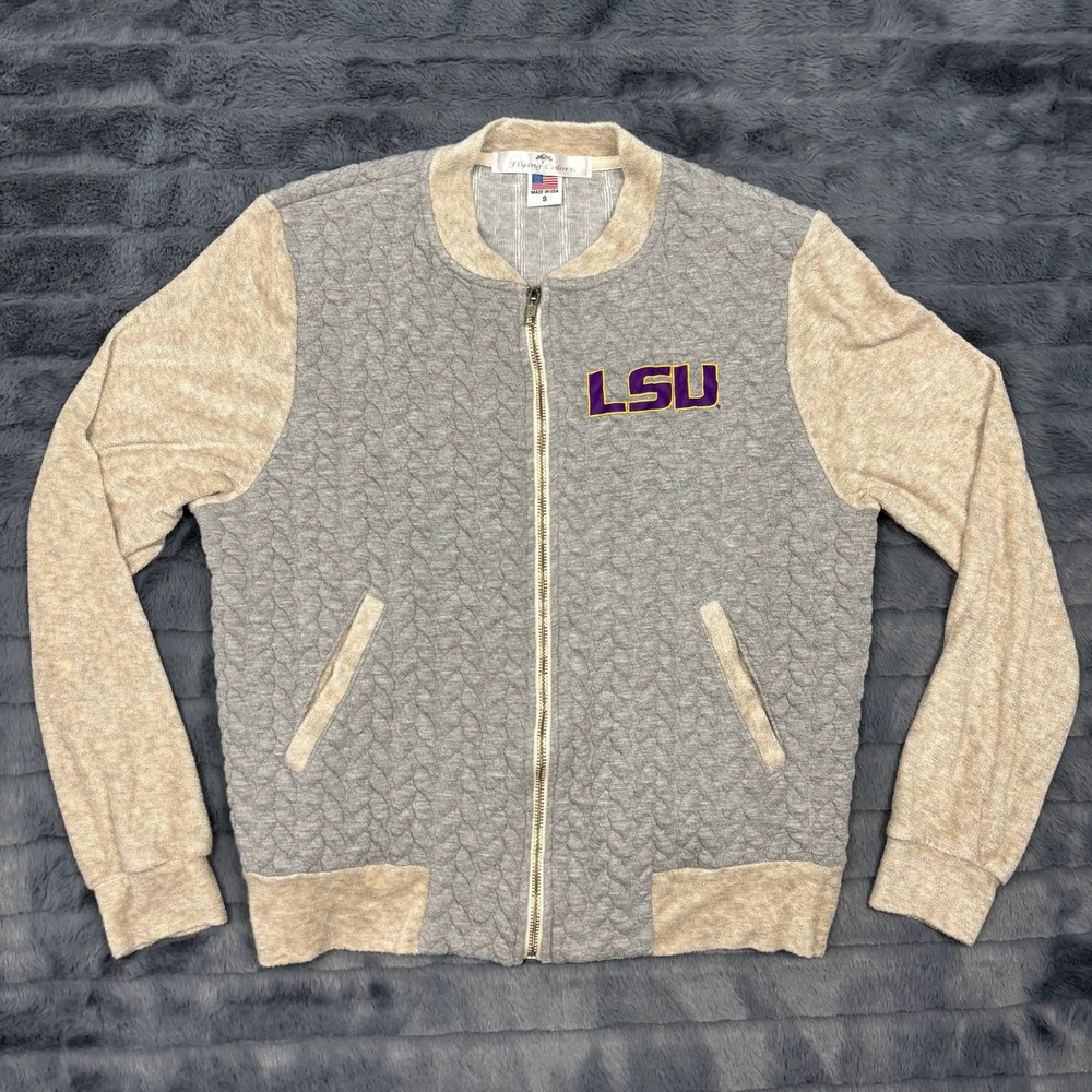 Flying Colors LSU Bomber Jacket Women Small Gray Tan Quilted Zip GFW526